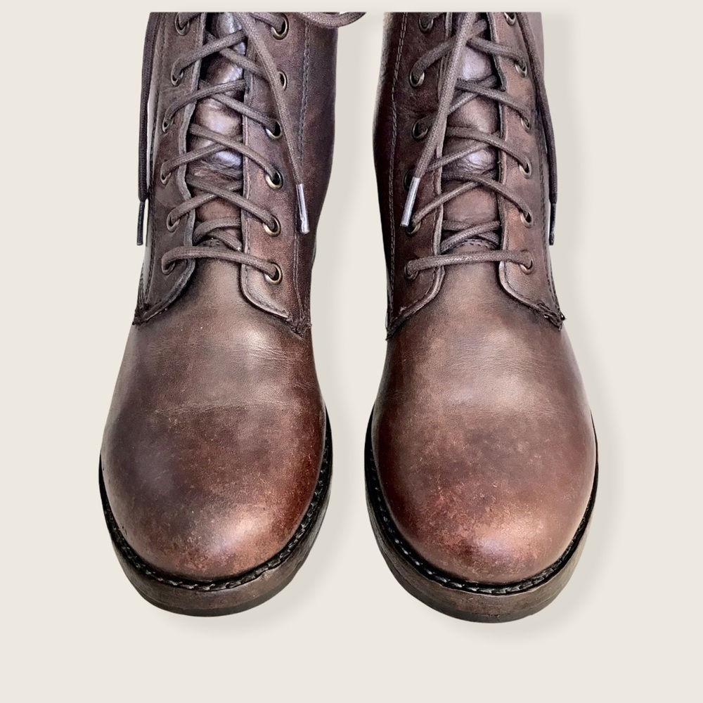 Frye Veronica Combat Brown Genuine Leather Lace Up Moto Combat Retro Ankle Boots - Picture 8 of 15